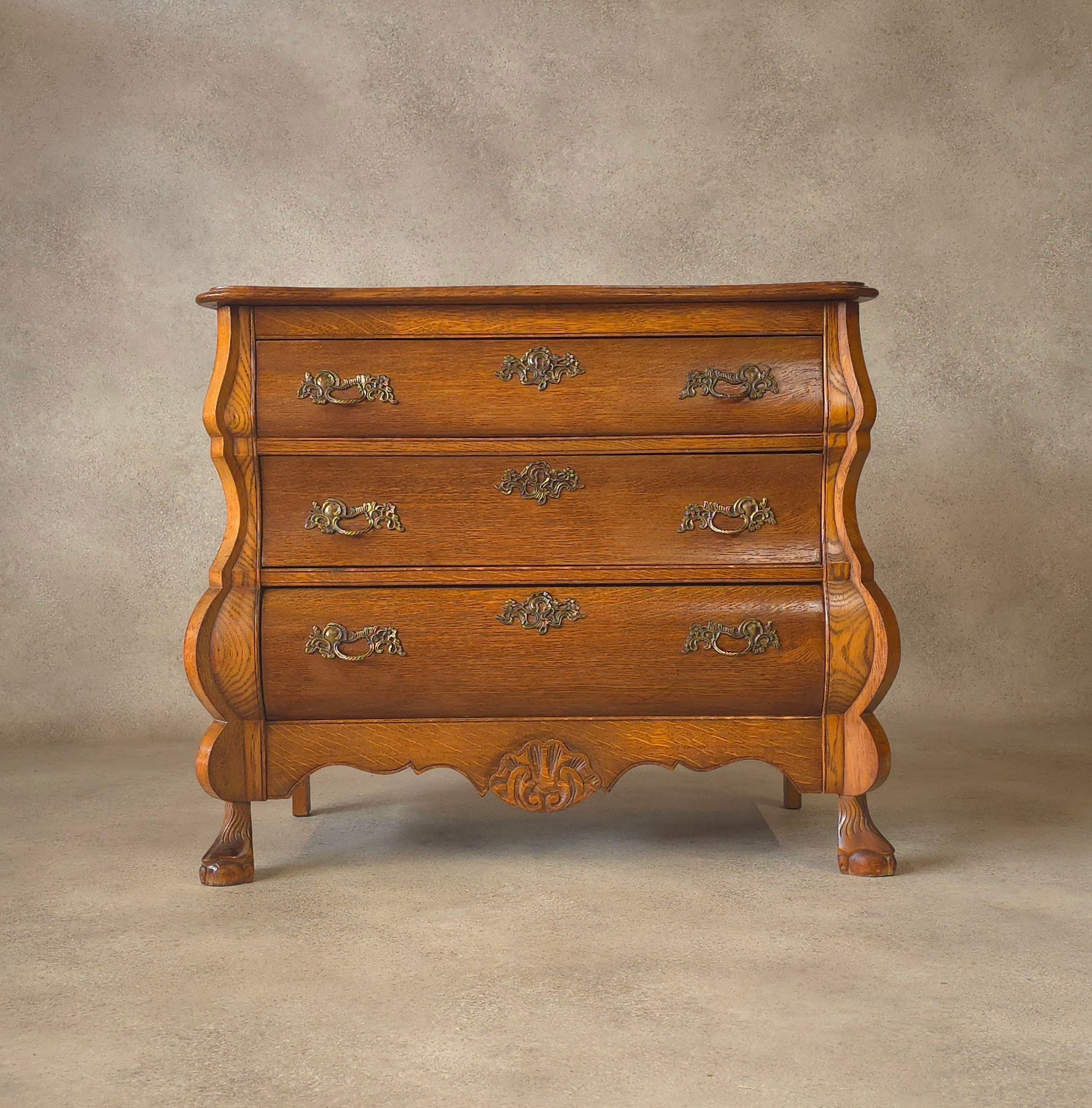 Small Oak Dutch Bombe Commode – Ornate Vintage Three-Drawer Chest