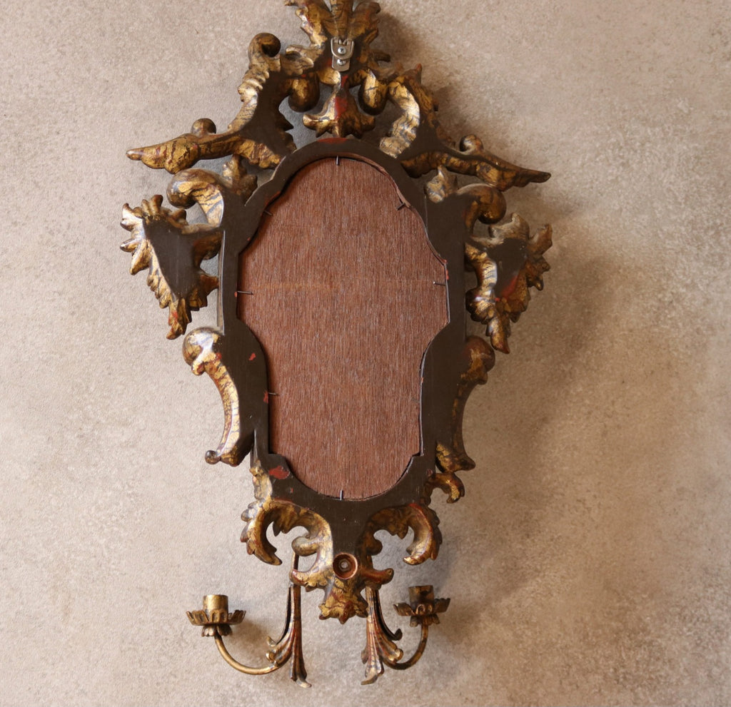 Pair Vintage Rococo Style Ornate Gilt Wall Sconce Mirrors Carved Wood Girandole