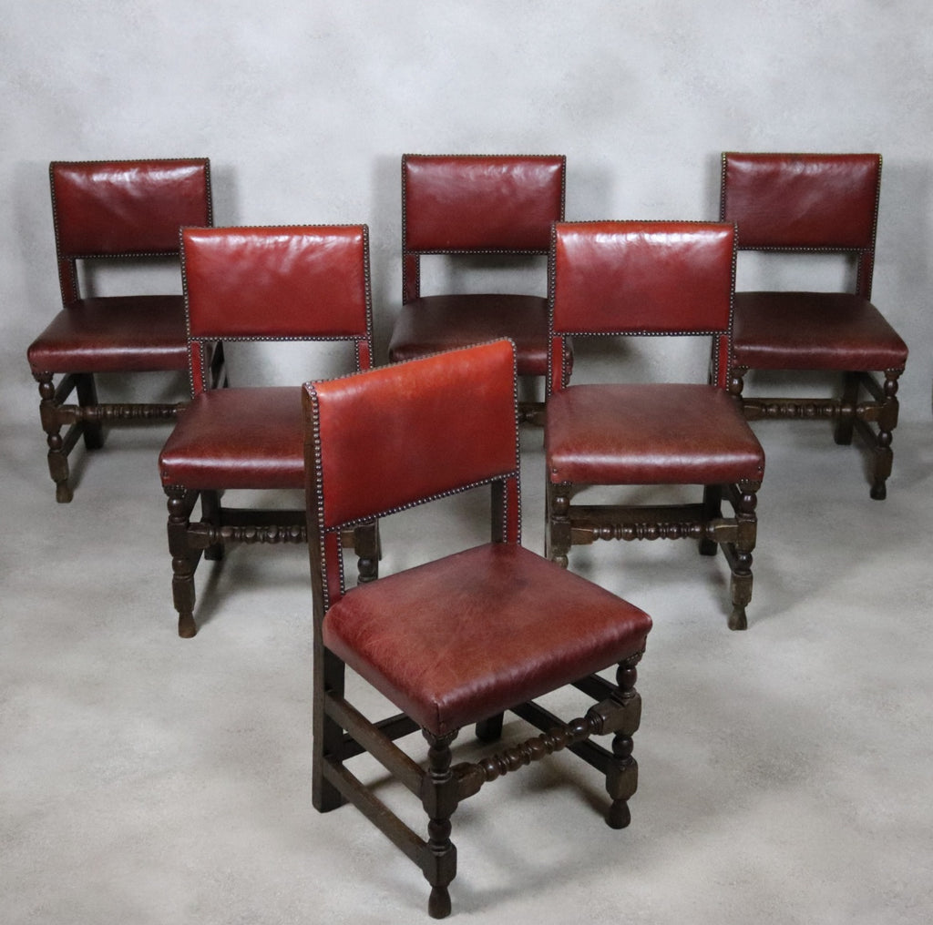 Set Of 6 Antique Cromwellian Style Oak And Leather Dining Chairs