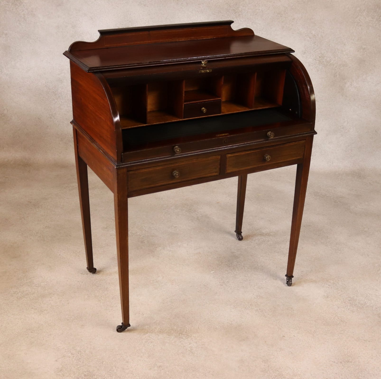 Antique Edwardian Mahogany Cylinder Bureau Desk - Sheraton Style - Circa 1900