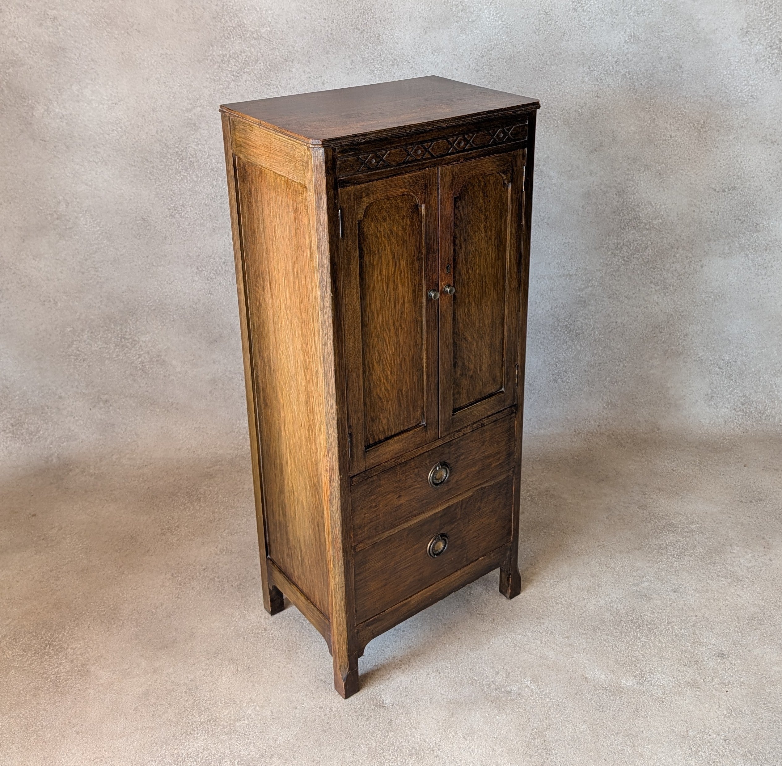 Vintage Oak Hall Cupboard 1930s Jacobean Revival Cupboard Compact Oak Cabinet