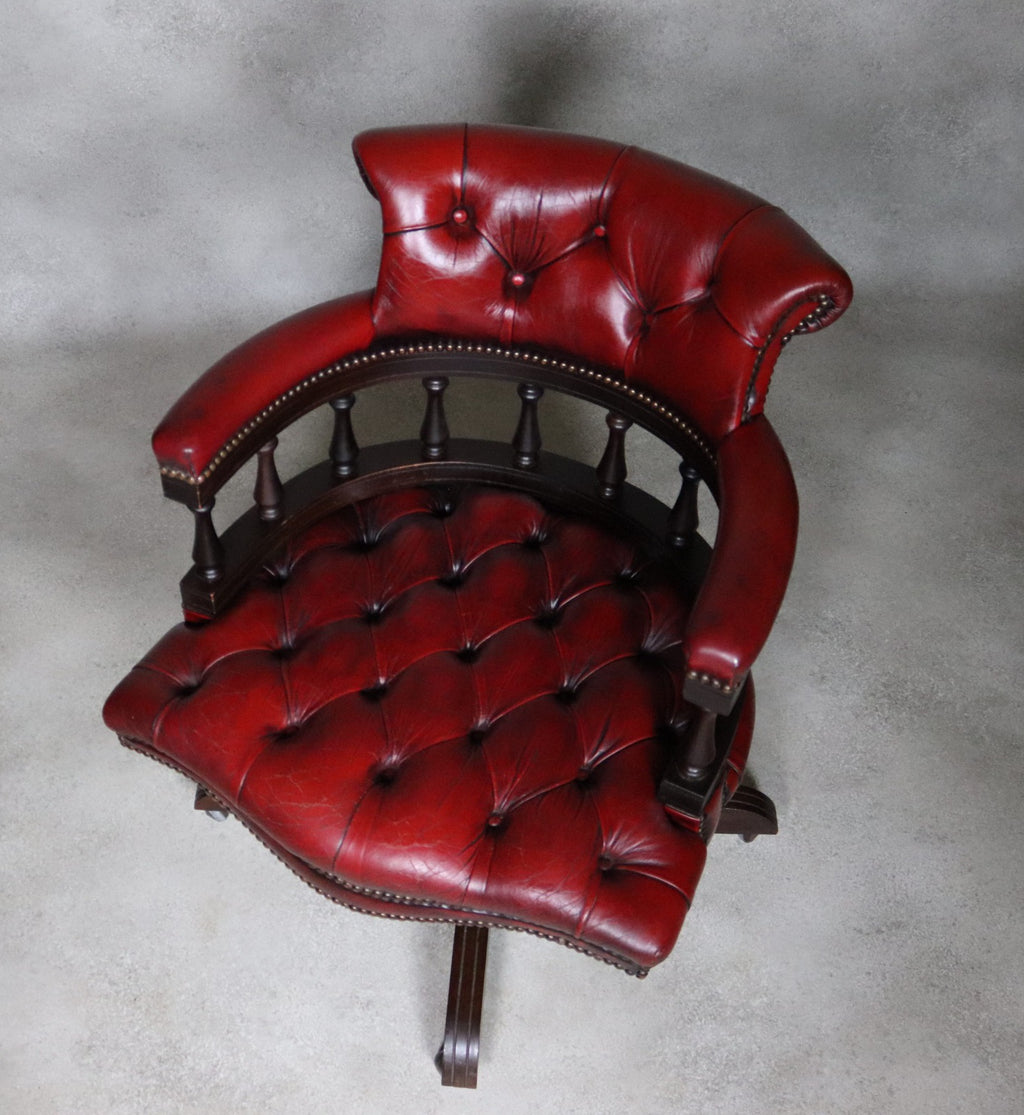 Vintage Red Leather Chesterfield Captians Chair Swivel Office / Desk Chair