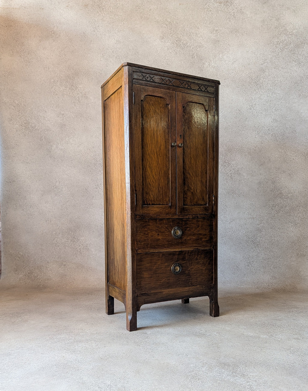 Vintage Oak Hall Cupboard 1930s Jacobean Revival Cupboard Compact Oak Cabinet