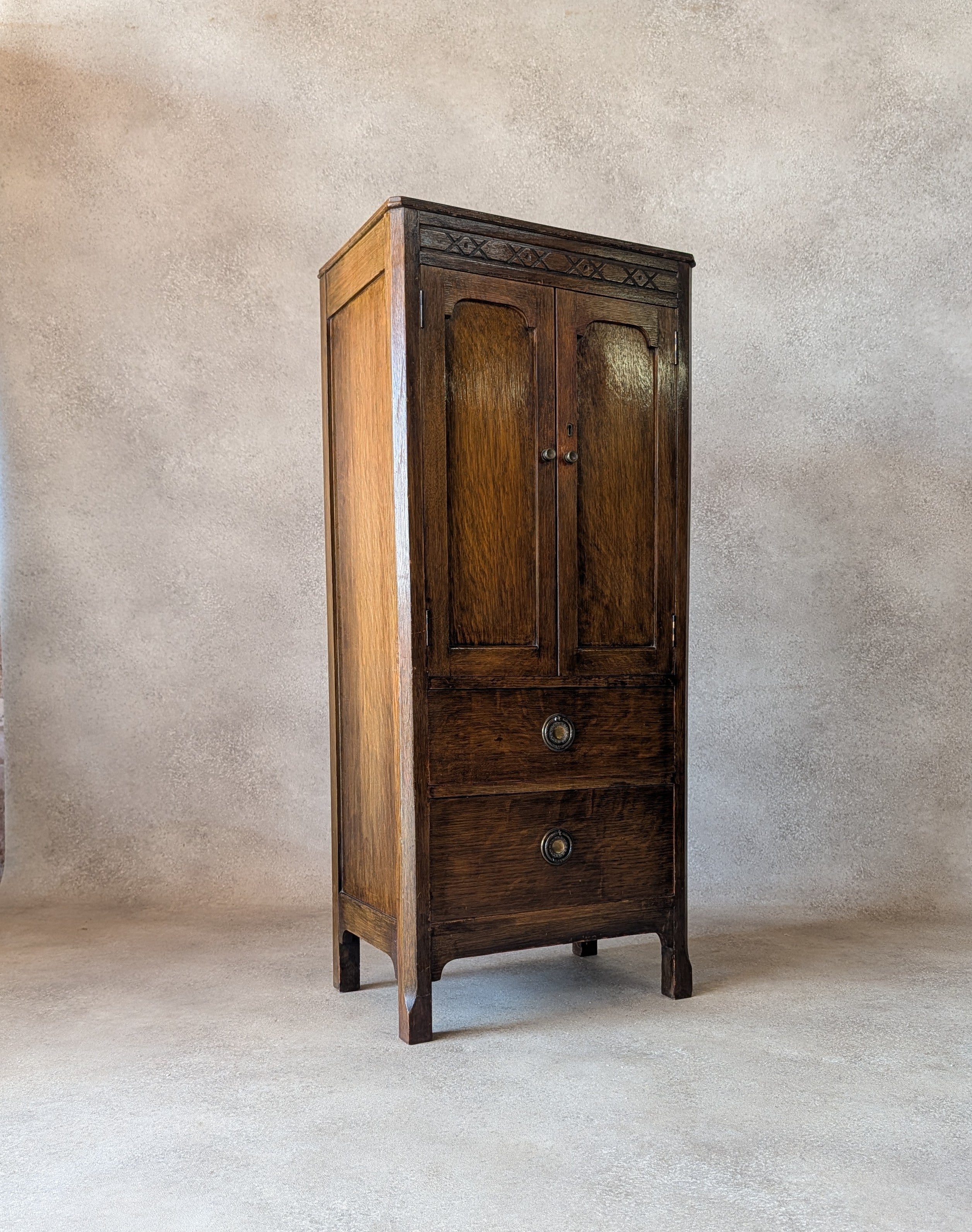 Vintage Oak Hall Cupboard 1930s Jacobean Revival Cupboard Compact Oak Cabinet