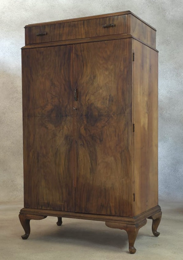 Vintage Art Deco Burr Walnut Compactum Tallboy 1930s Linen Cabinet