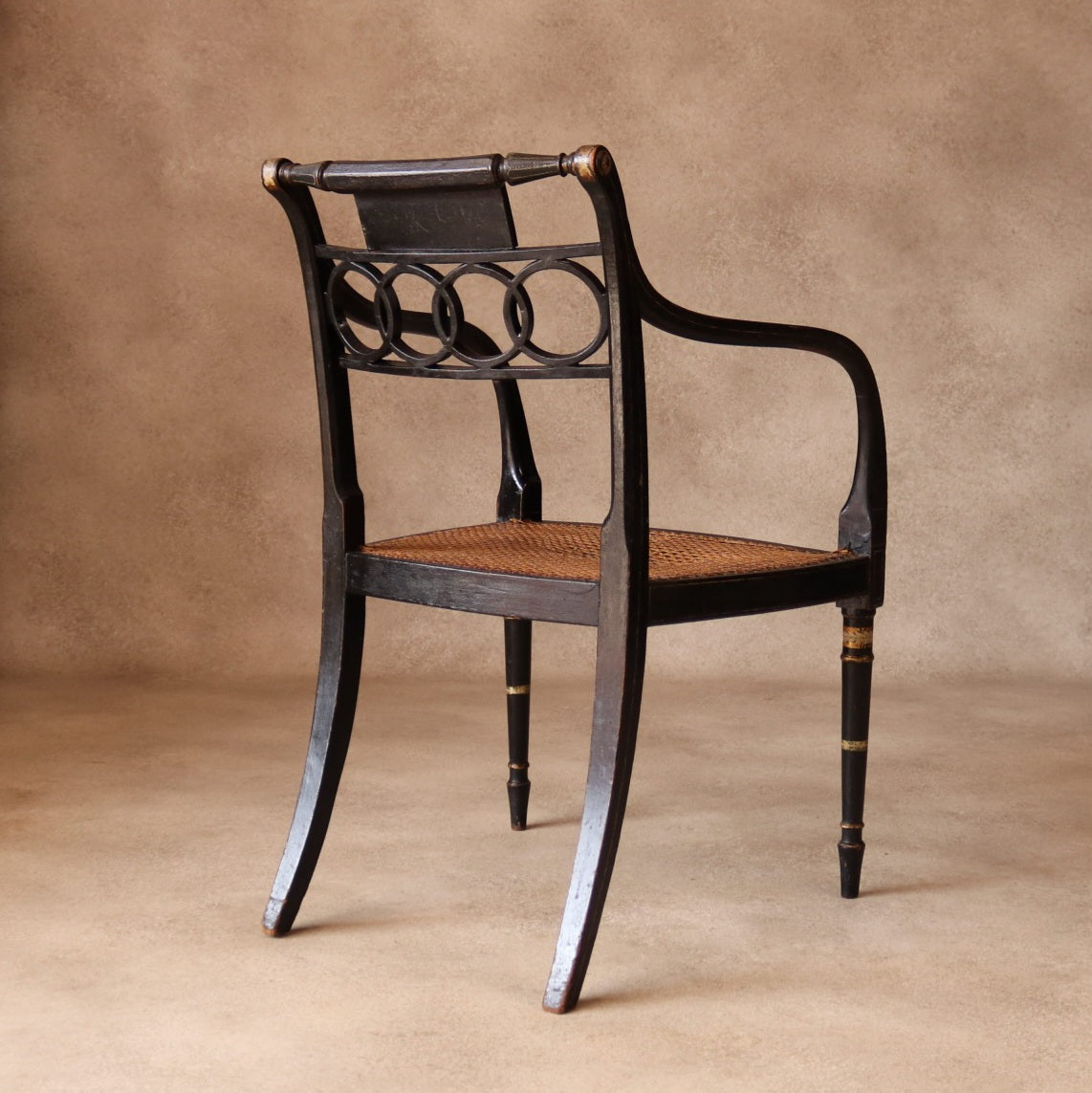Antique Regency Ebonised parcel-Gilt Painted Elbow Chair Cane Seat Armchair