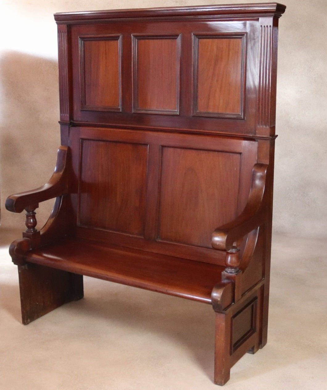Antique Victorian Mahogany Hall Settle Bench with Panelled High Back c.1890