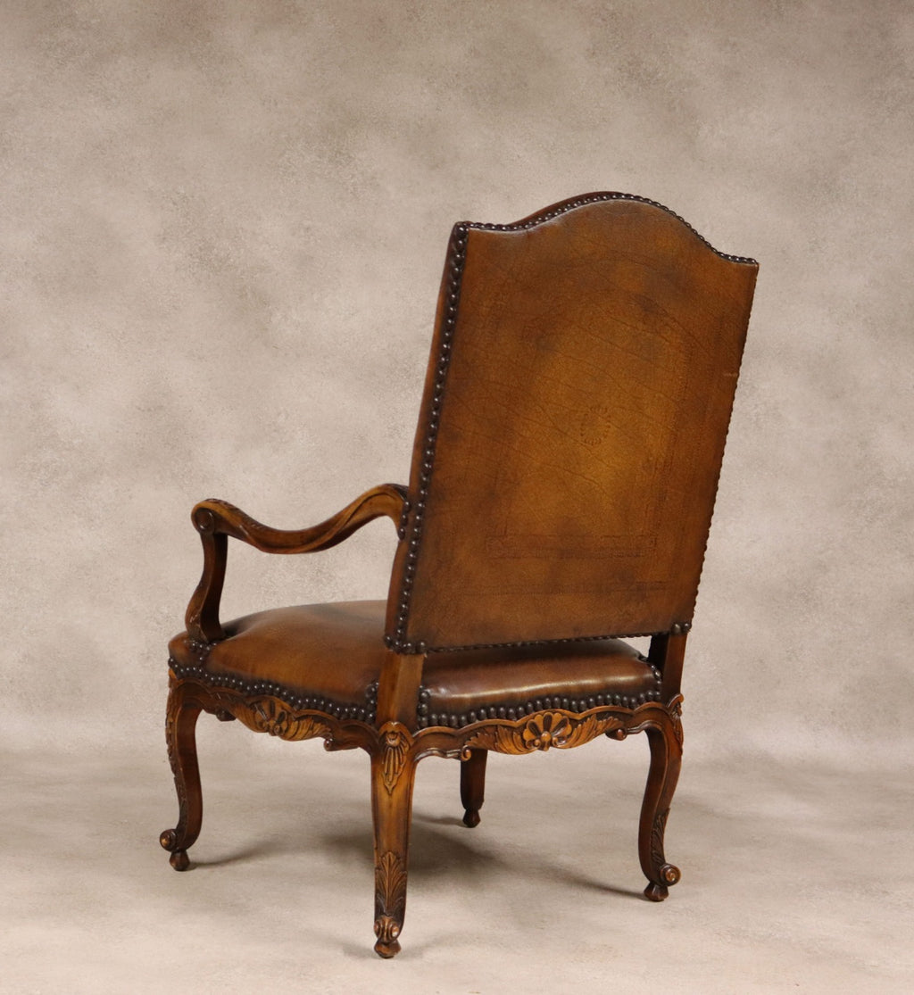 Vintage French Louis XV Style Carved Beechwood Fauteuil Tooled Leather Armchair