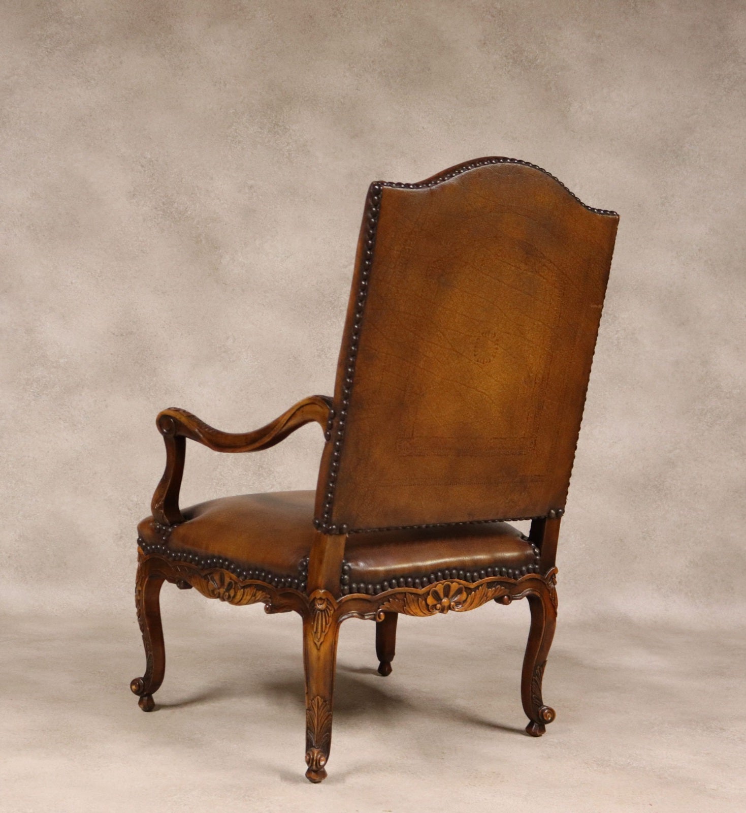 Vintage French Louis XV Style Carved Beechwood Fauteuil Tooled Leather Armchair