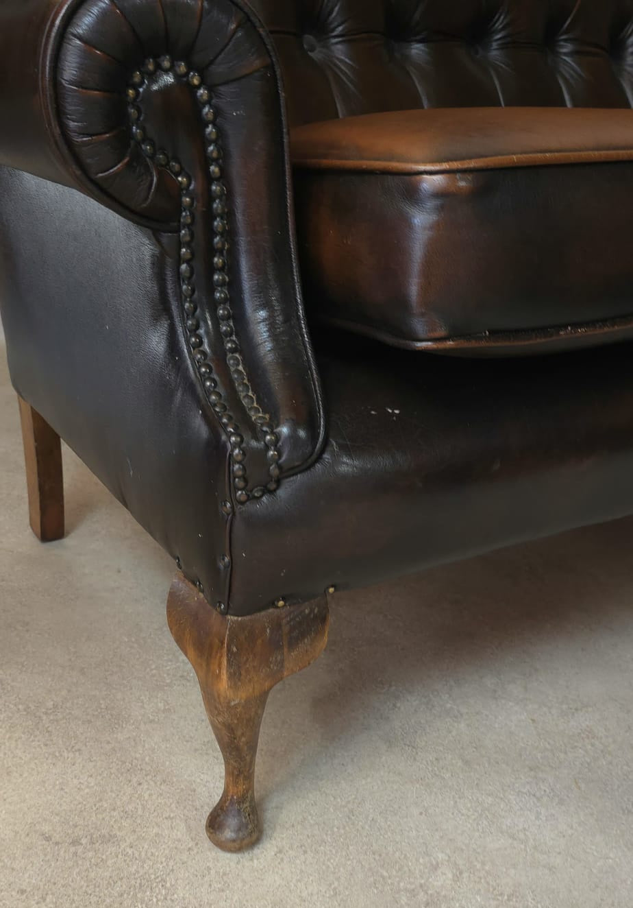 Vintage Queen Anne Style High Back Brown Leather Chesterfield Sofa