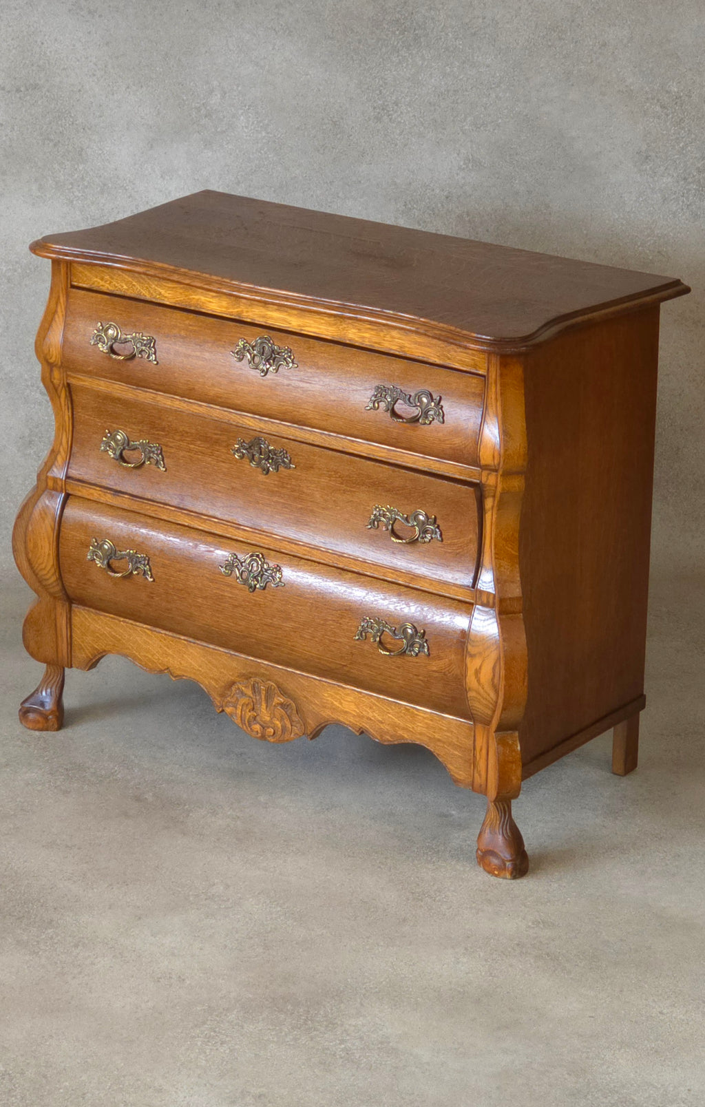 Small Oak Dutch Bombe Commode – Ornate Vintage Three-Drawer Chest