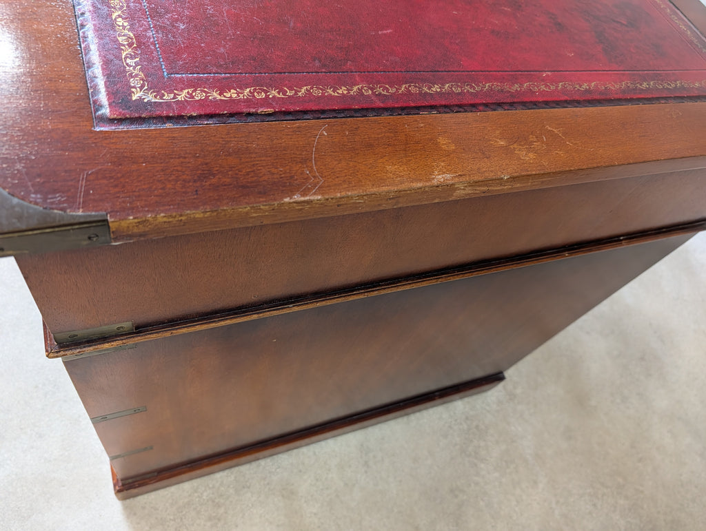 Vintage Red Leather Top Desk Campaign Military Style Mahogany Writing Desk