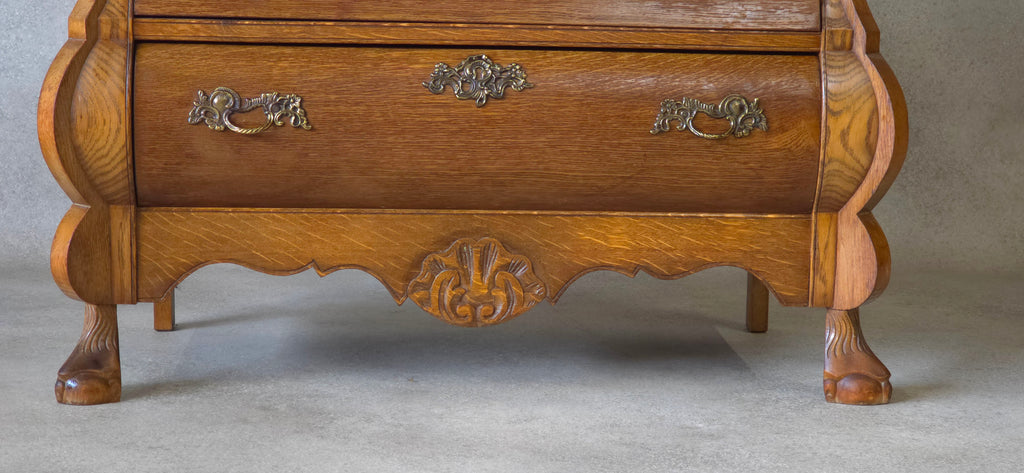 Small Oak Dutch Bombe Commode – Ornate Vintage Three-Drawer Chest