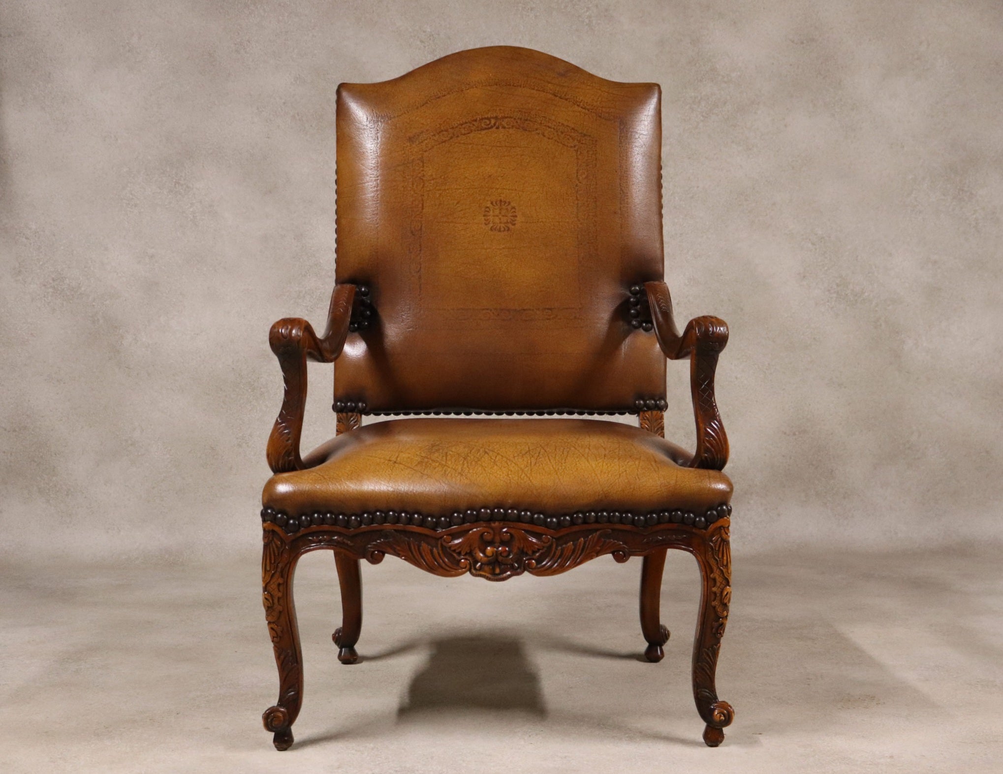 Vintage French Louis XV Style Carved Beechwood Fauteuil Tooled Leather Armchair
