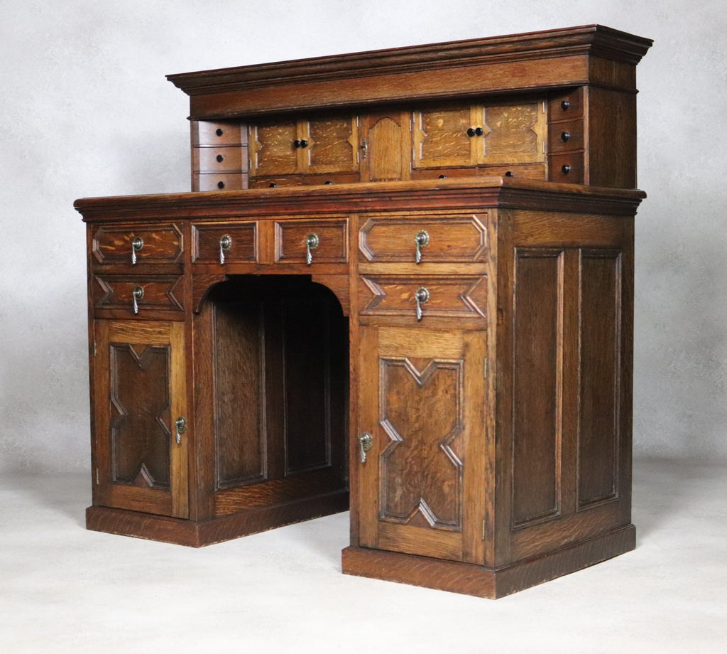 Large Antique Edwardian Jacobean Revival Oak Pedestal Desk - Gallery Top