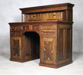 Large Antique Edwardian Jacobean Revival Oak Pedestal Desk - Gallery Top