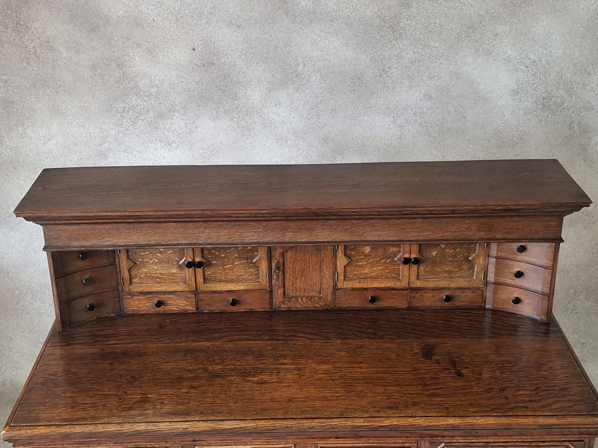 Large Antique Edwardian Jacobean Revival Oak Pedestal Desk - Gallery Top