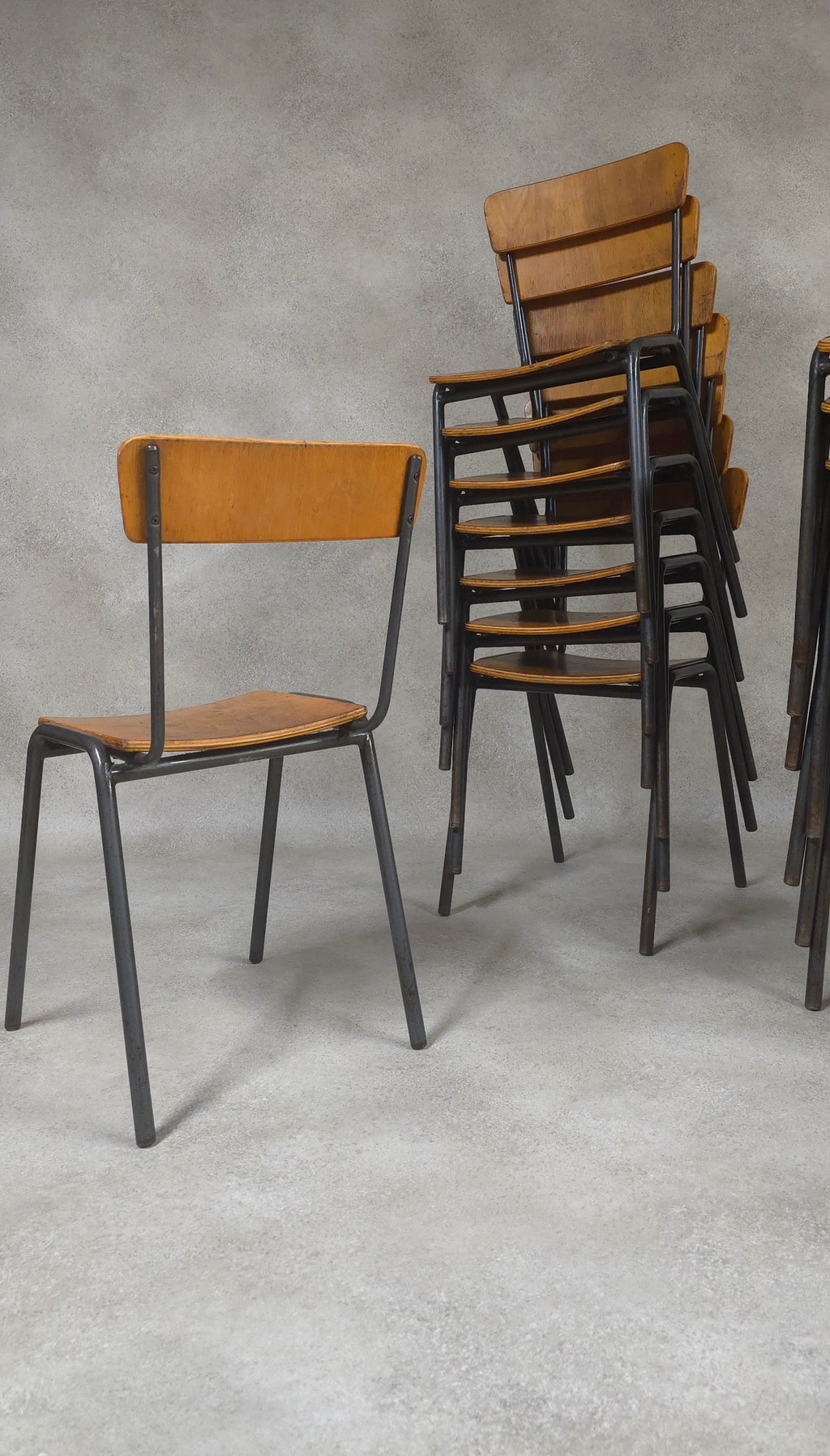 Vintage Industrial Stacking Chairs - Steel Style Furniture - Plywood & Steel