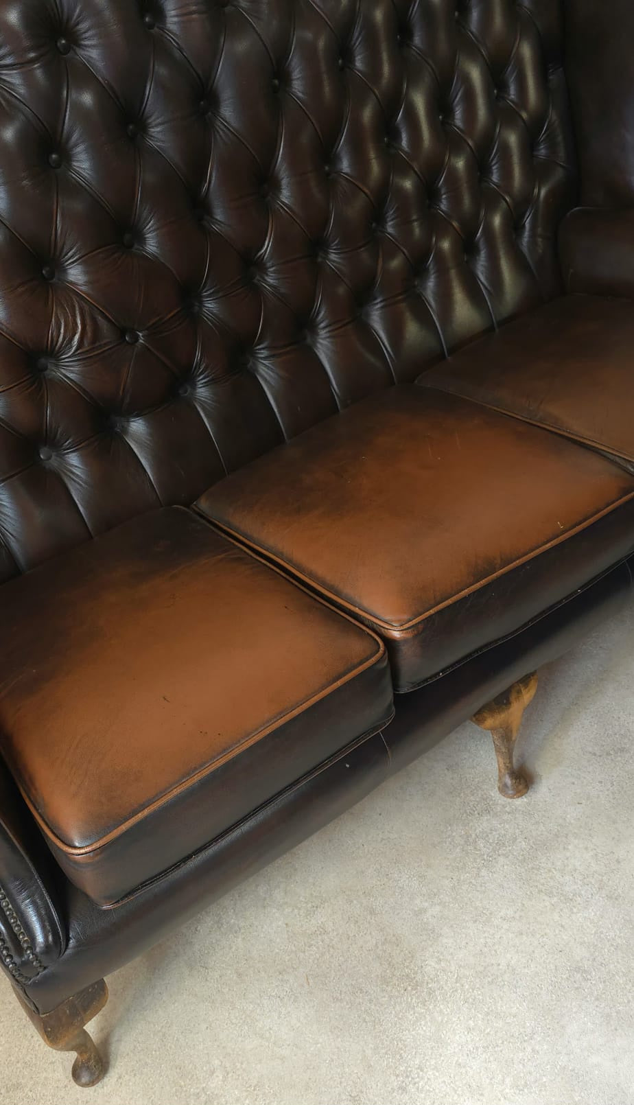 Vintage Queen Anne Style High Back Brown Leather Chesterfield Sofa