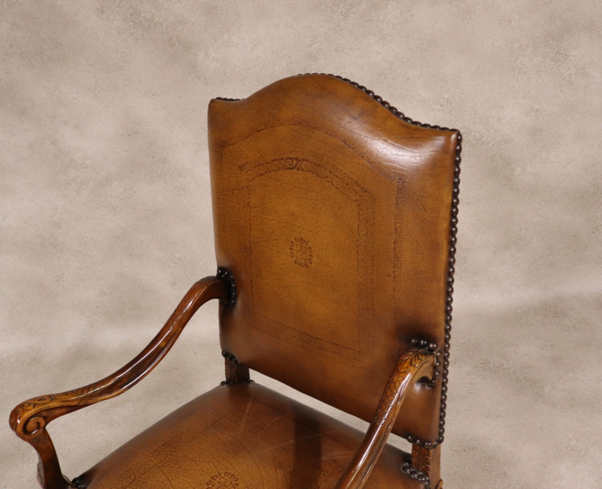 Vintage French Louis XV Style Carved Beechwood Fauteuil Tooled Leather Armchair