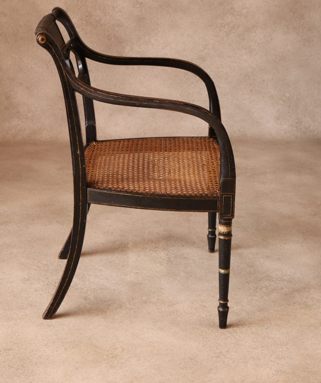 Antique Regency Ebonised parcel-Gilt Painted Elbow Chair Cane Seat Armchair