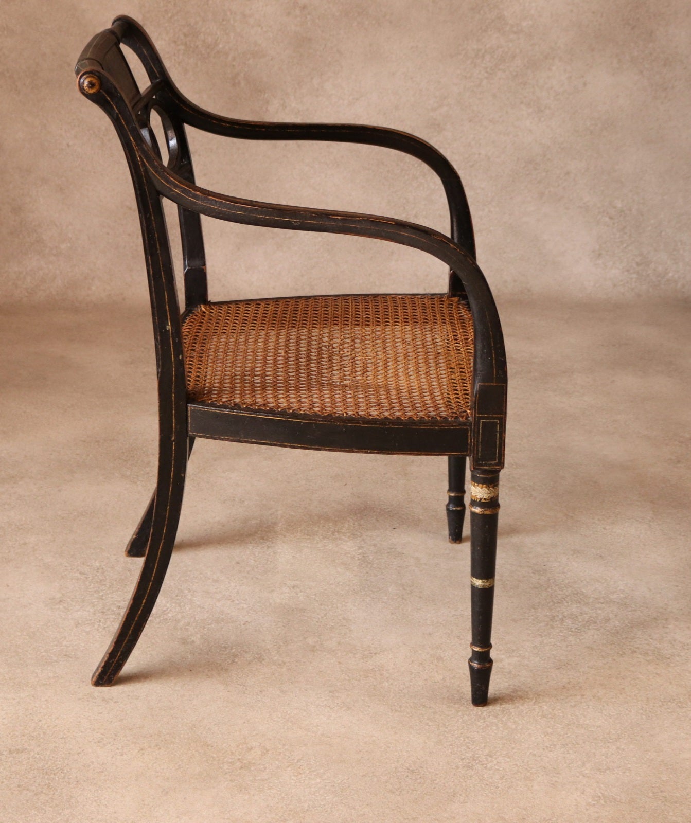 Antique Regency Ebonised parcel-Gilt Painted Elbow Chair Cane Seat Armchair