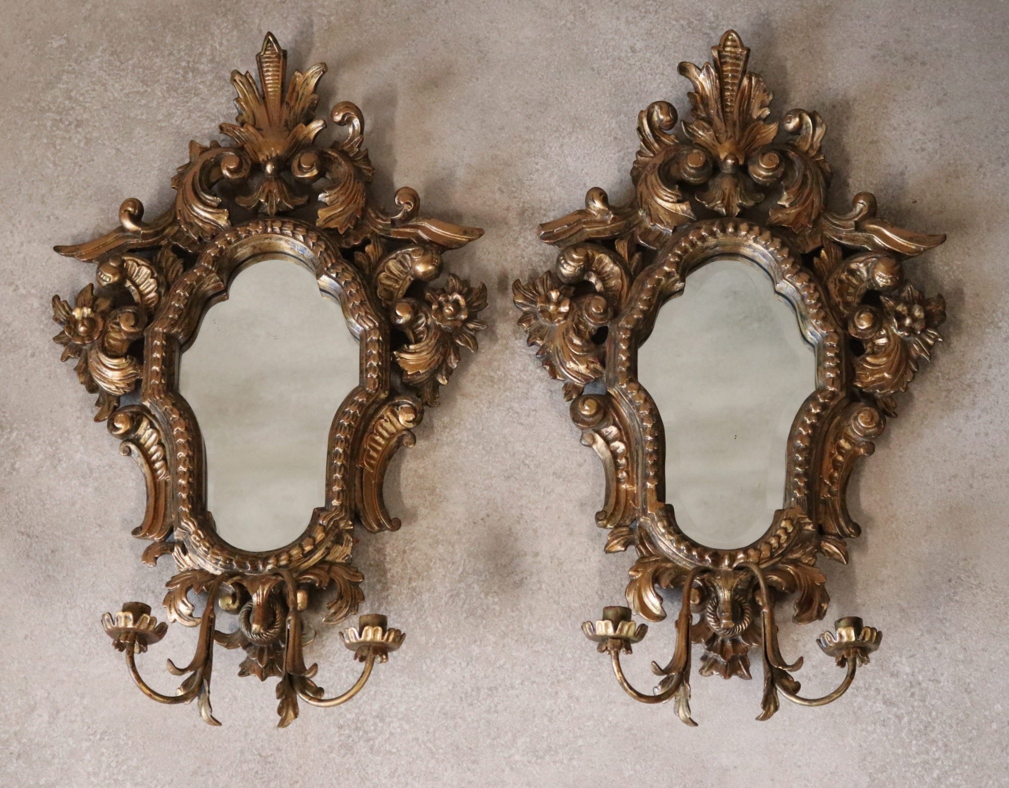 Pair Vintage Rococo Style Ornate Gilt Wall Sconce Mirrors Carved Wood Girandole