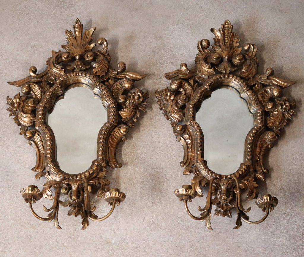 Pair Vintage Rococo Style Ornate Gilt Wall Sconce Mirrors Carved Wood Girandole