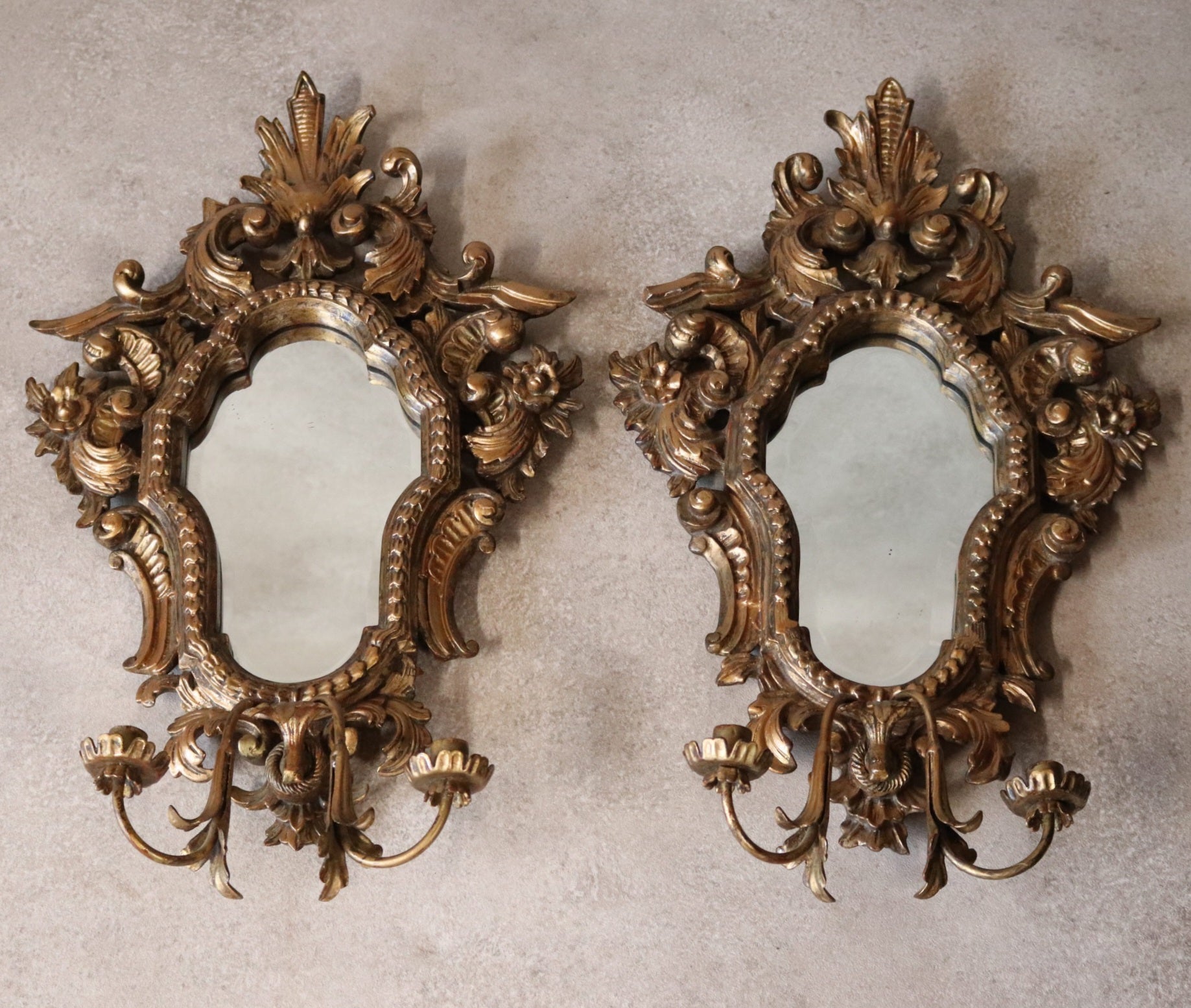 Pair Vintage Rococo Style Ornate Gilt Wall Sconce Mirrors Carved Wood Girandole