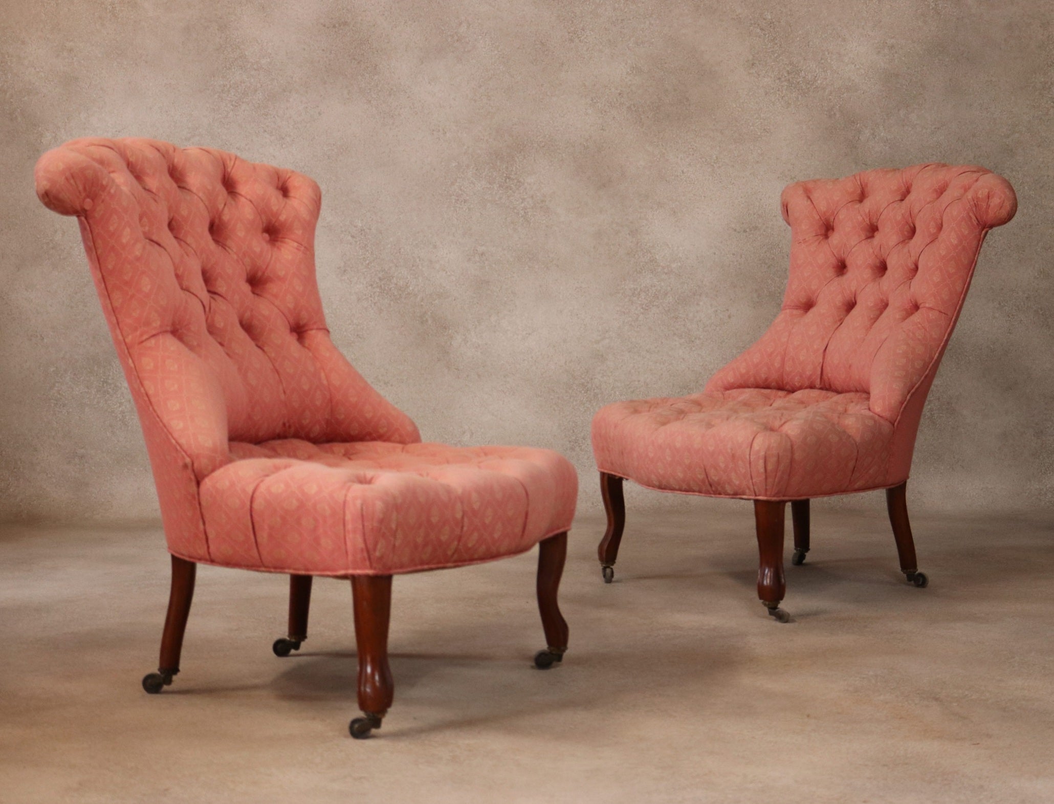 Pair Of Antique Walnut Victorian Chairs Scroll Back Slipper Chairs