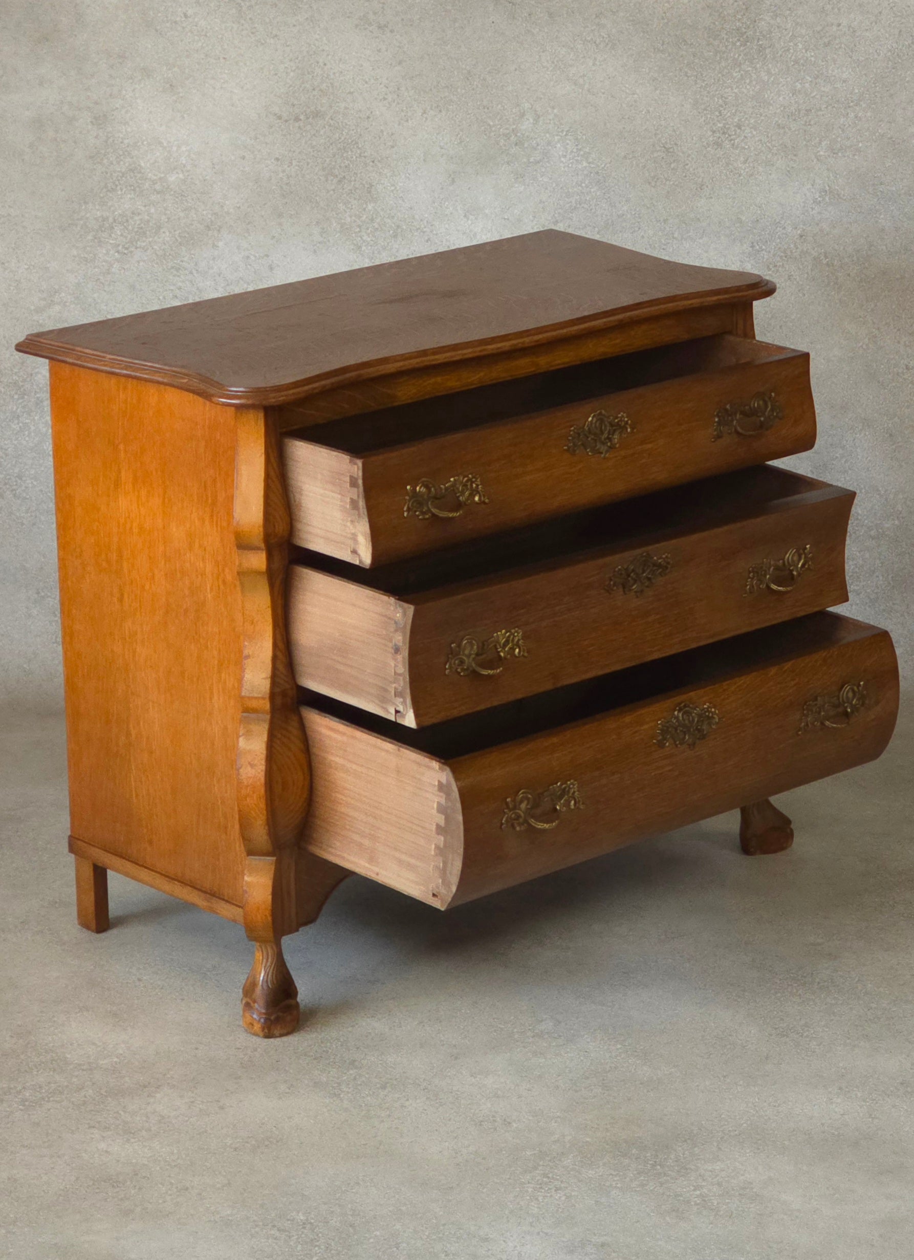 Small Oak Dutch Bombe Commode – Ornate Vintage Three-Drawer Chest