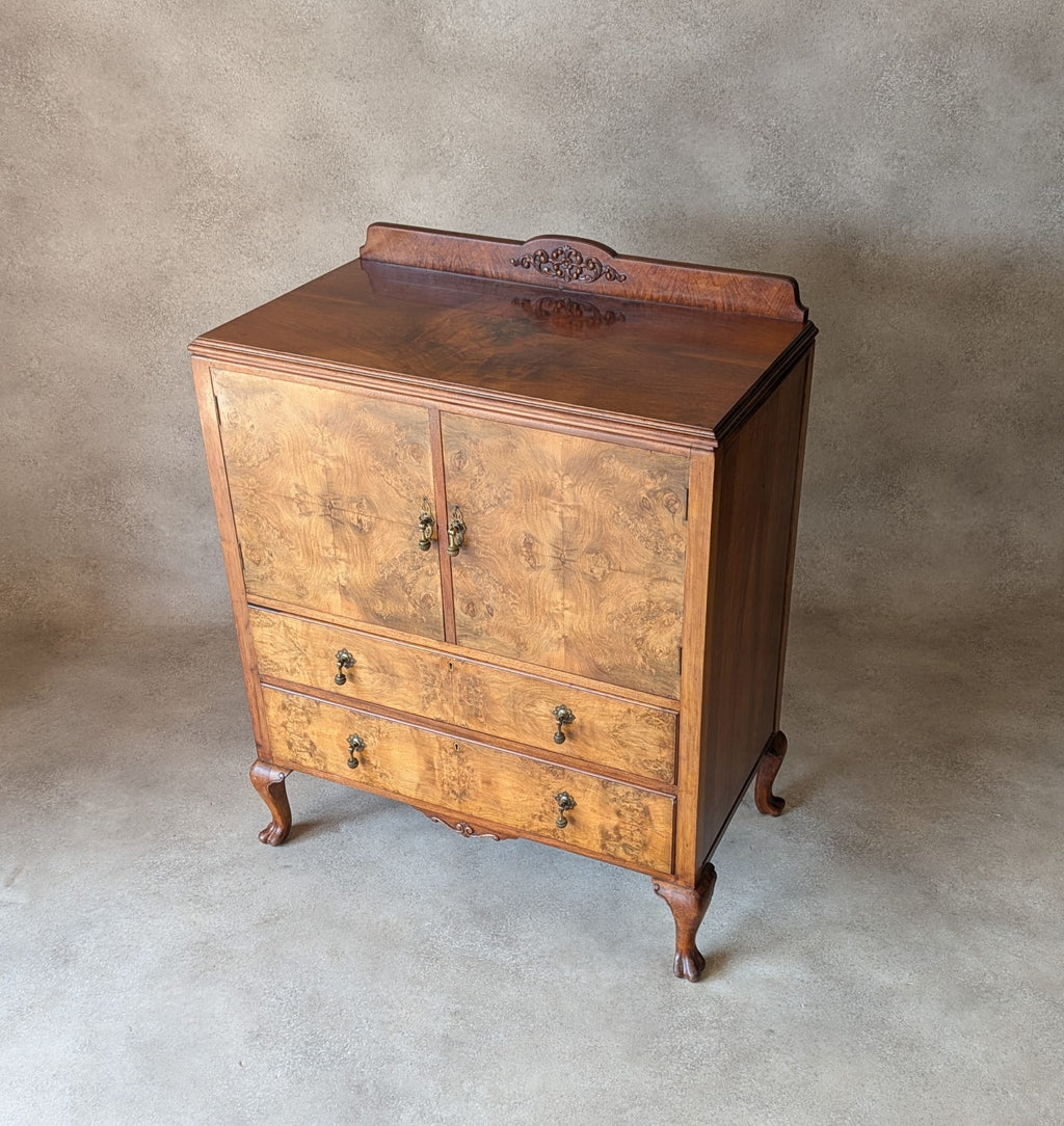 Vintage Art Deco Burr Walnut Linen Cupboard Queen Anne Style Tallboy 1930s