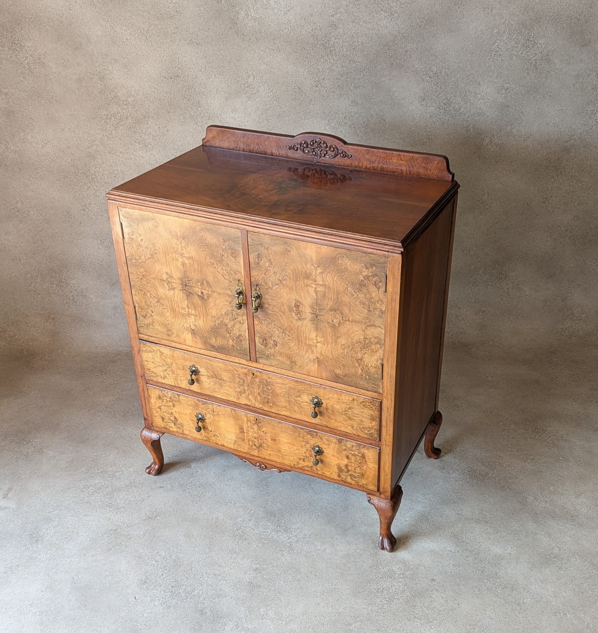 Vintage Art Deco Burr Walnut Linen Cupboard Queen Anne Style Tallboy 1930s