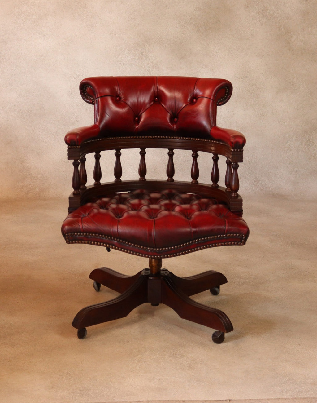 Vintage Red Leather Chesterfield Captains Chair Swivel Office Desk Chair
