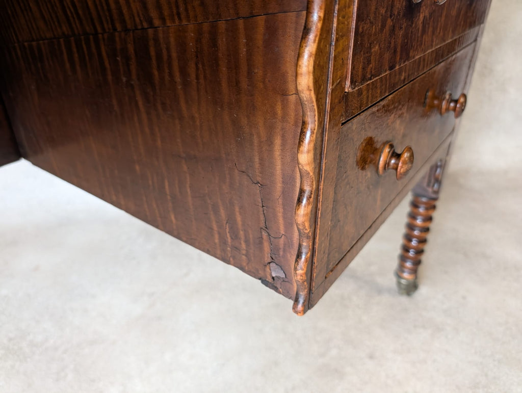 Antique Victorian Burr Walnut & Fiddleback Kneehole Desk With Bobbin Legs c.1890