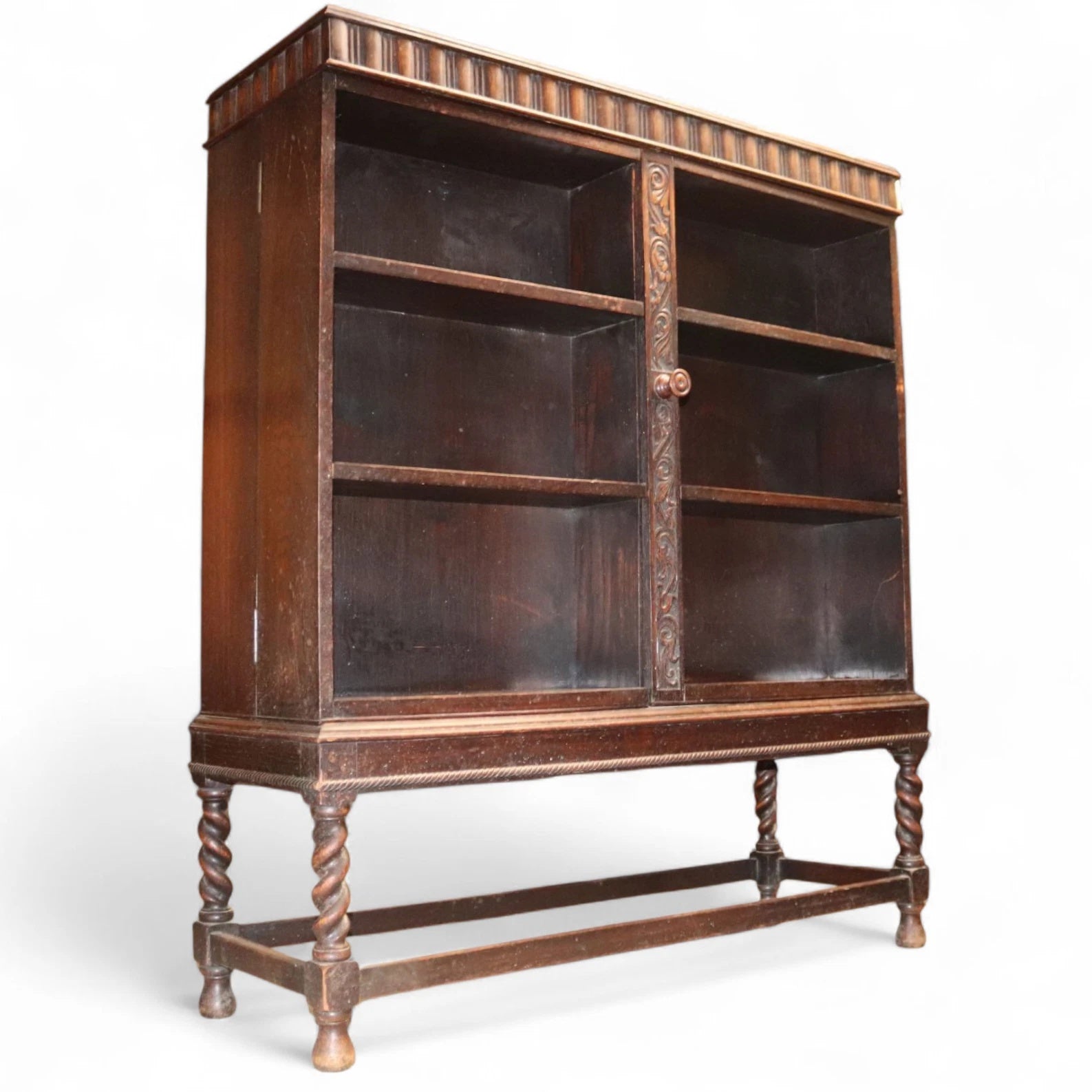 Antique Carolean Revival Oak Double Depth Bookcase Barley Twist