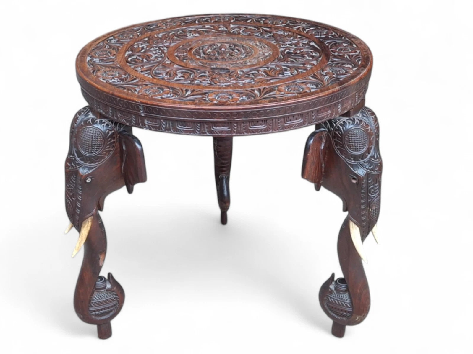 Early 20th Century Bermese Carved Hardwood Elephant Occasional / Side Table