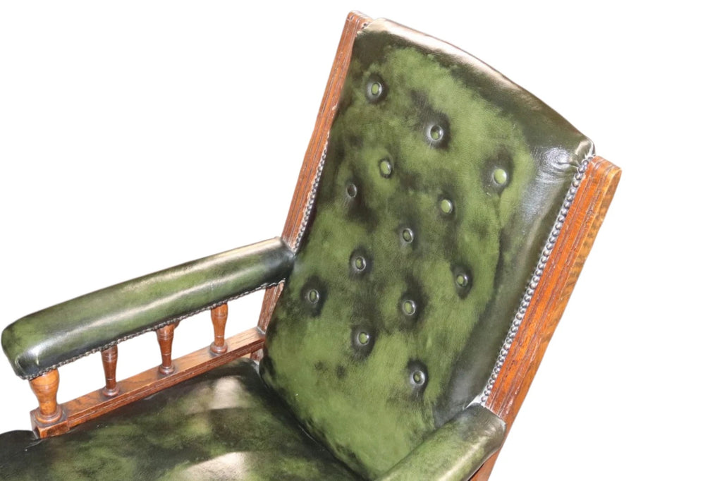 Antique Green Leather Buttoned Library Chair / Edwardian Oak Armchair