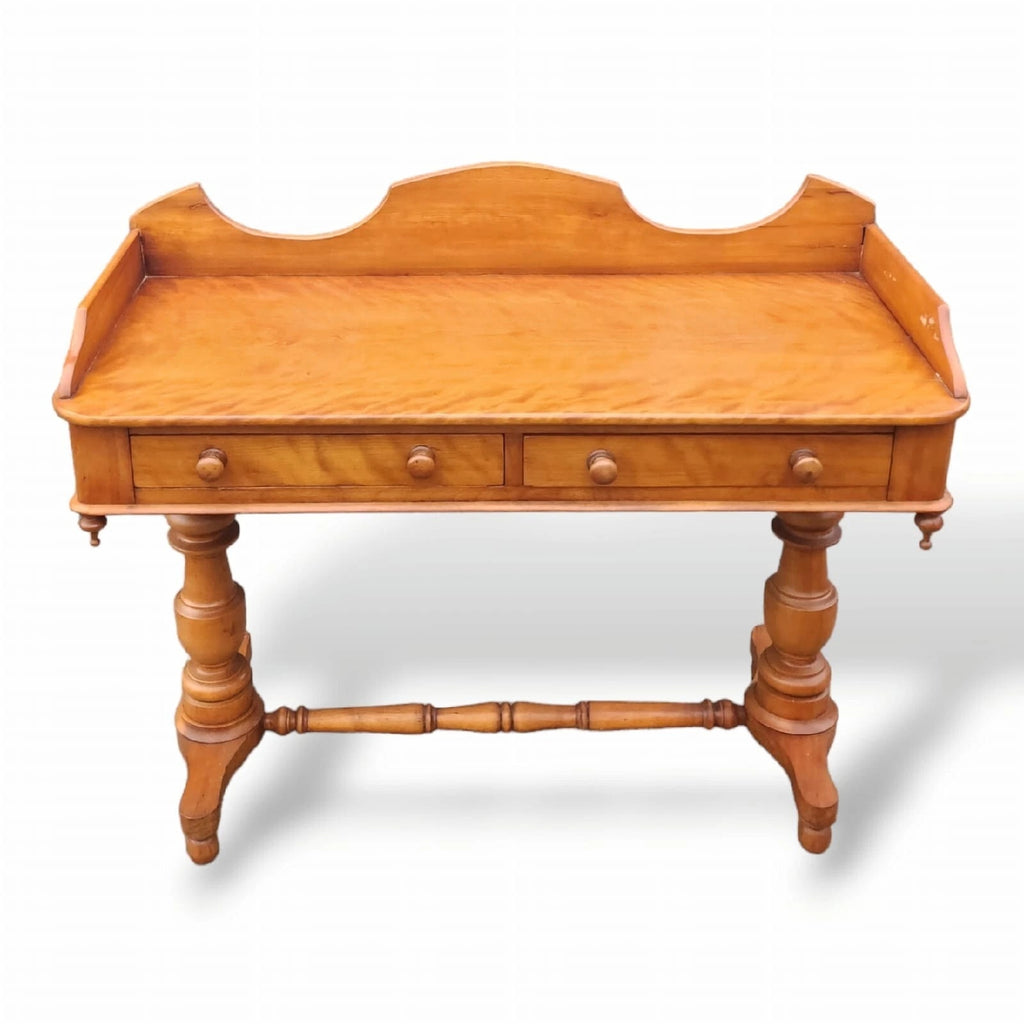 Victorian Satin Birch two drawer gallery back writing table antique desk