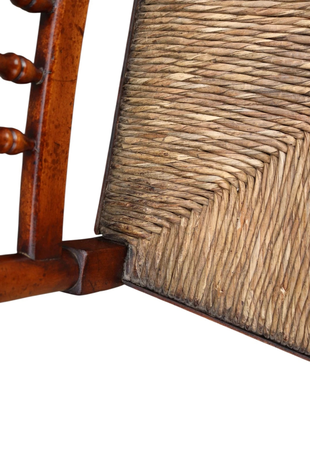 Set of 8 Antique Lancashire Elm & Ash Rush Seat Spindle Back Dining Chairs