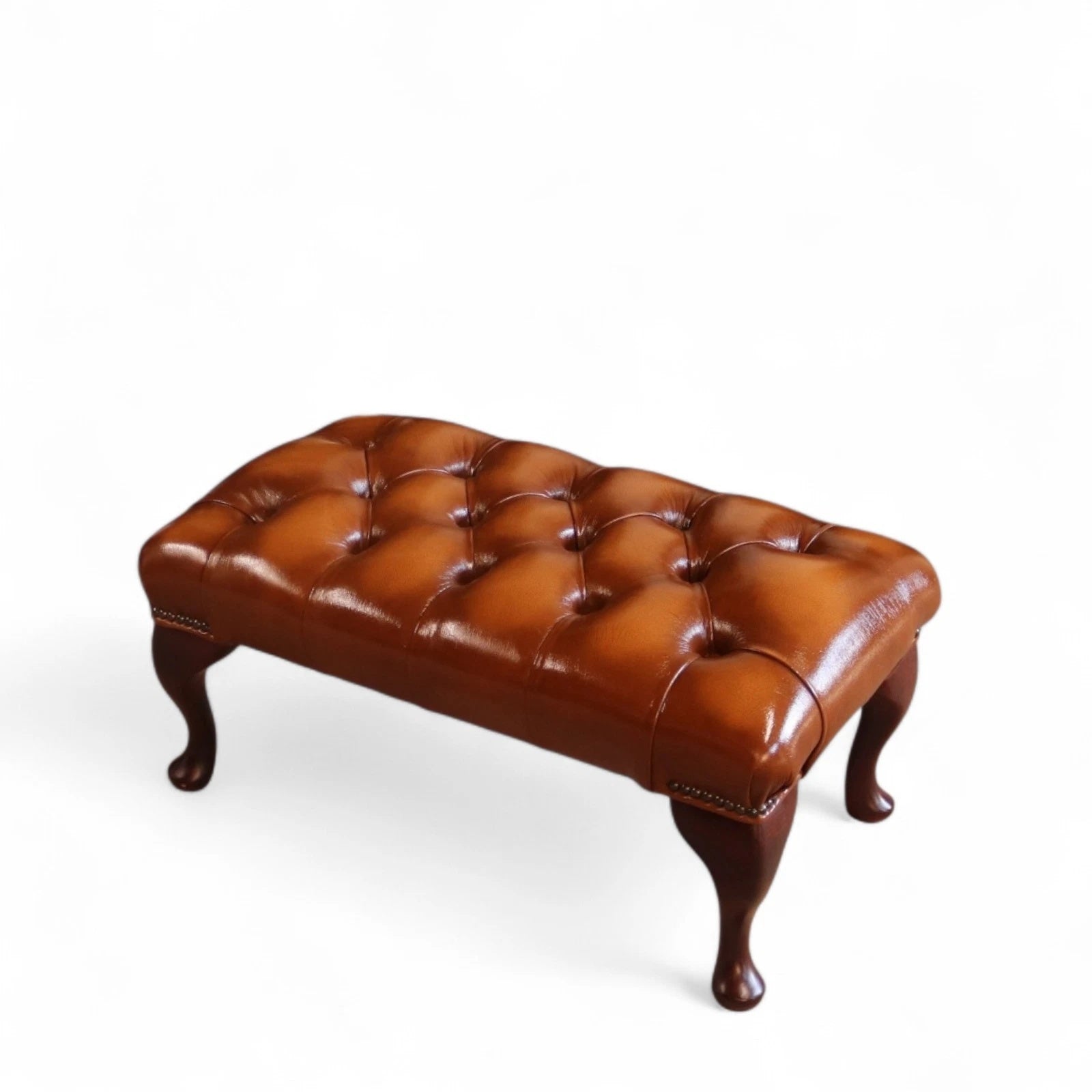 Vintage Chesterfield Tan Leather Wing Back Armchair With Footstool