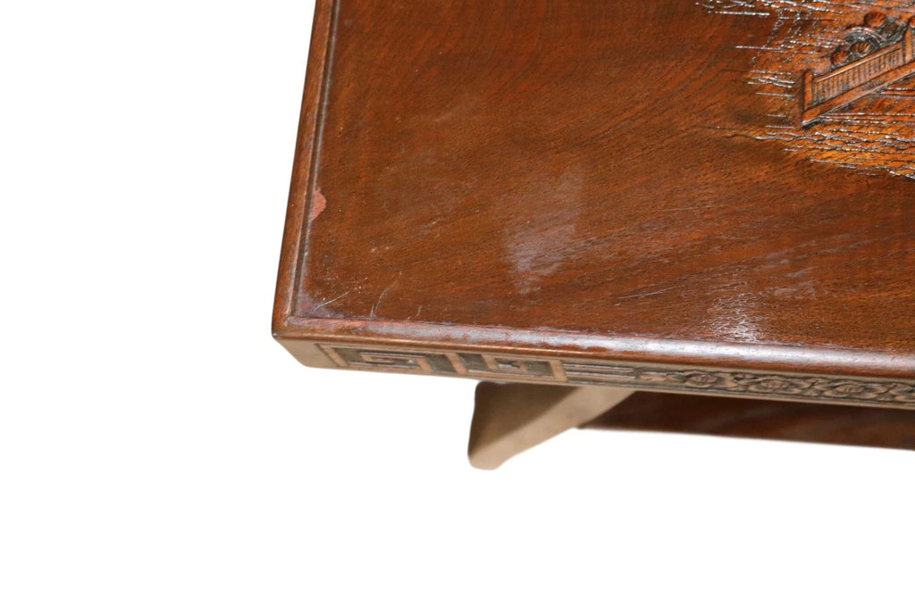 Vintage Chinoiserie Chinese Carved Wood Coffee Table - Glass Top