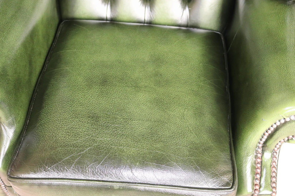 Vintage Green Leather Chesterfield Wing Back Armchair