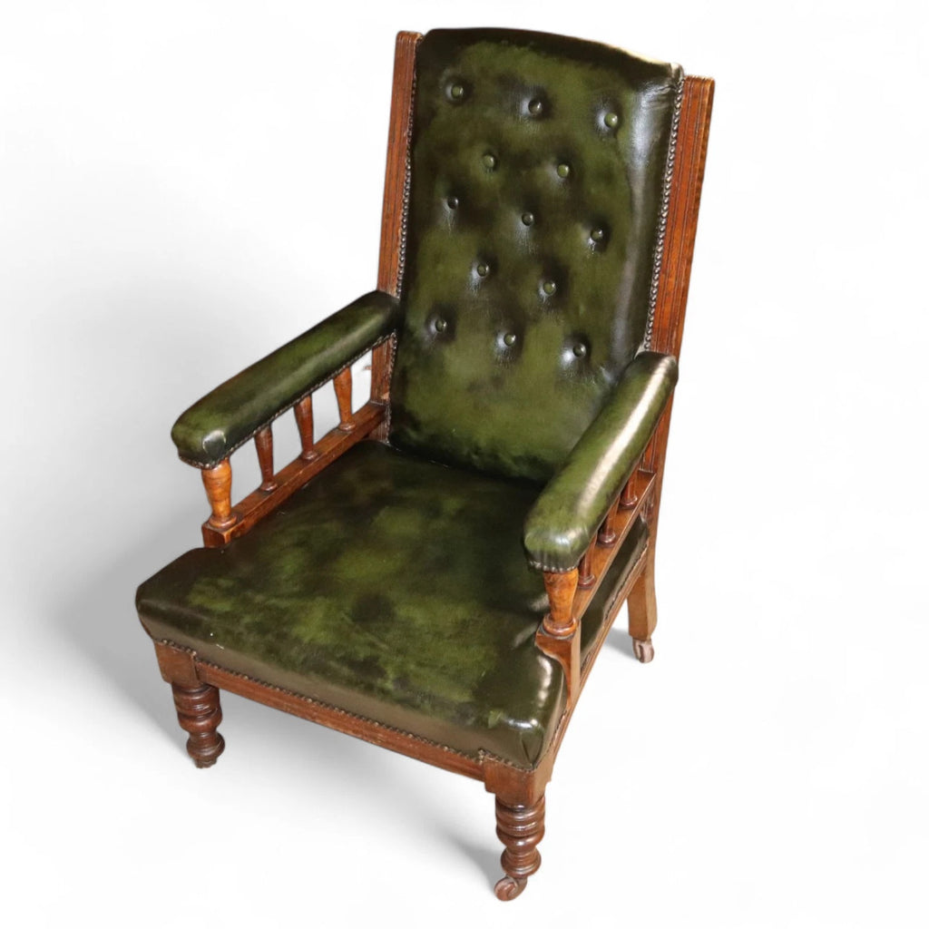 Antique Green Leather Buttoned Library Chair / Edwardian Oak Armchair