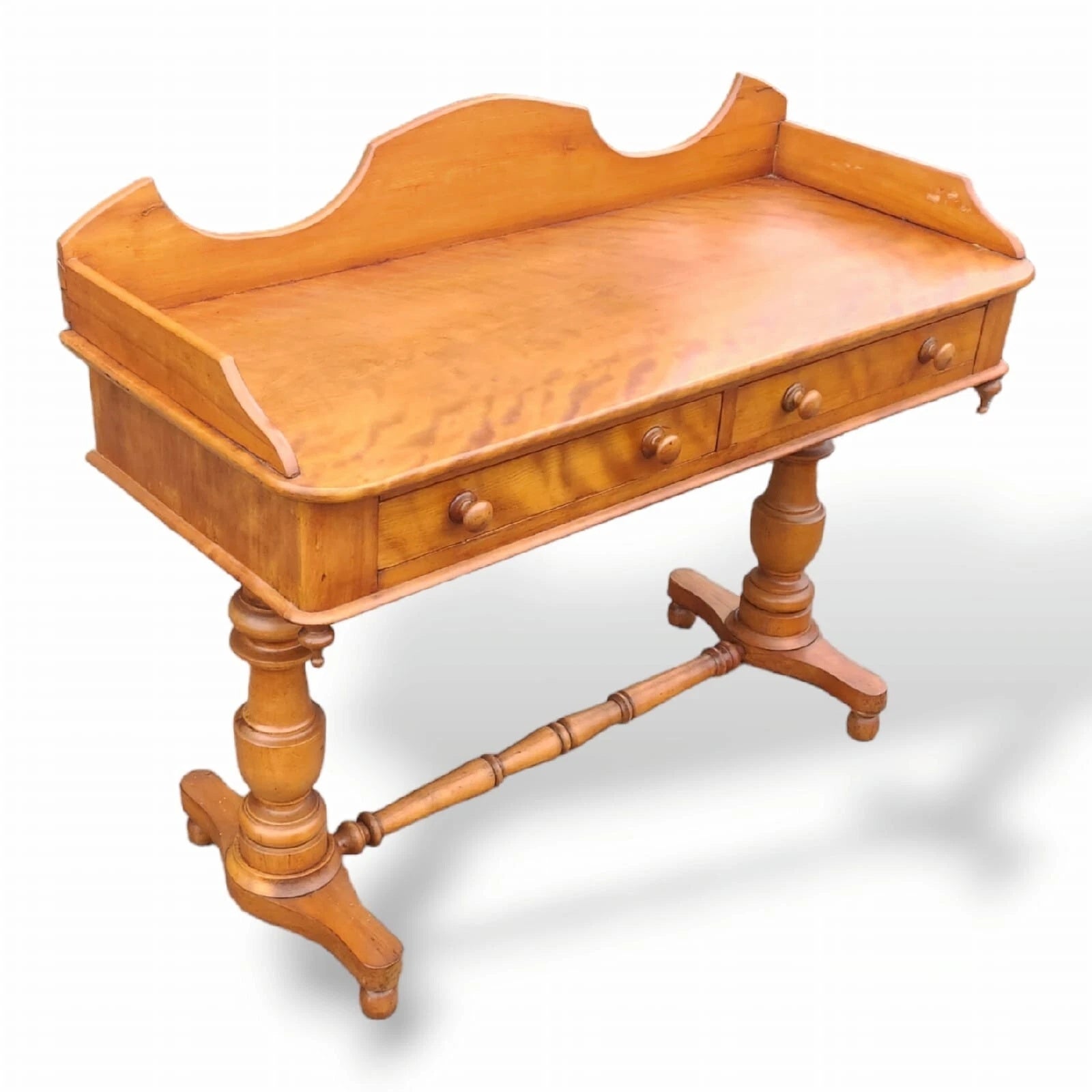 Victorian Satin Birch two drawer gallery back writing table antique desk