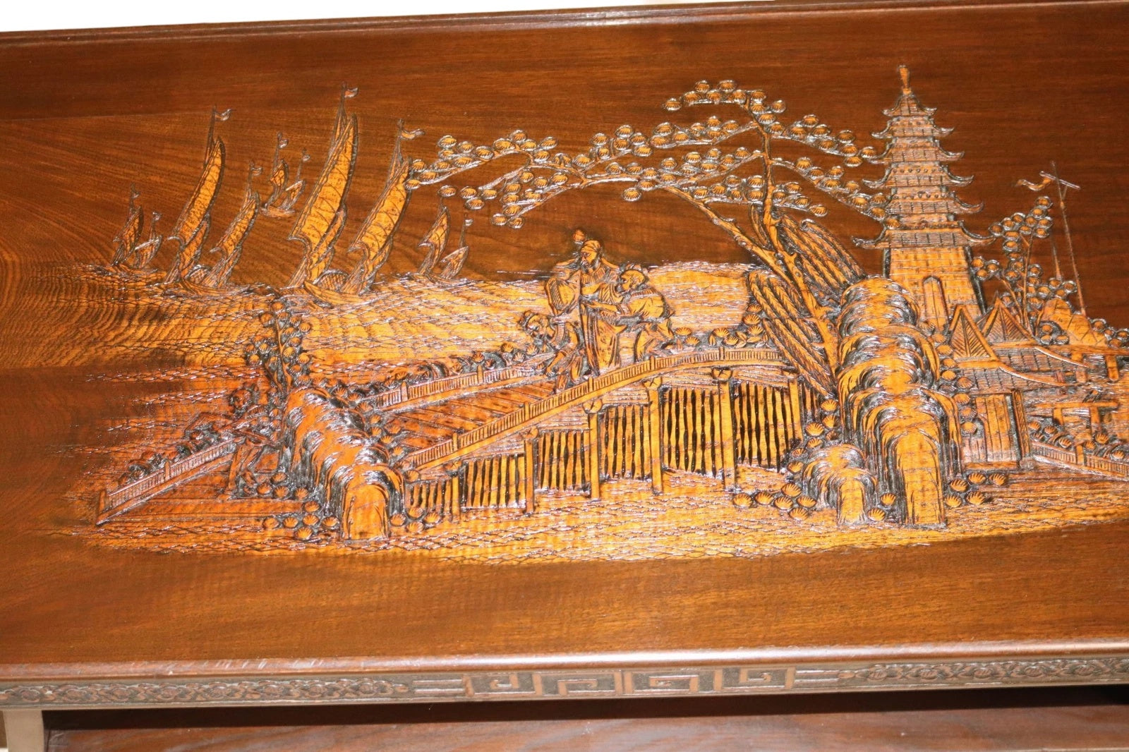 Vintage Chinoiserie Chinese Carved Wood Coffee Table - Glass Top