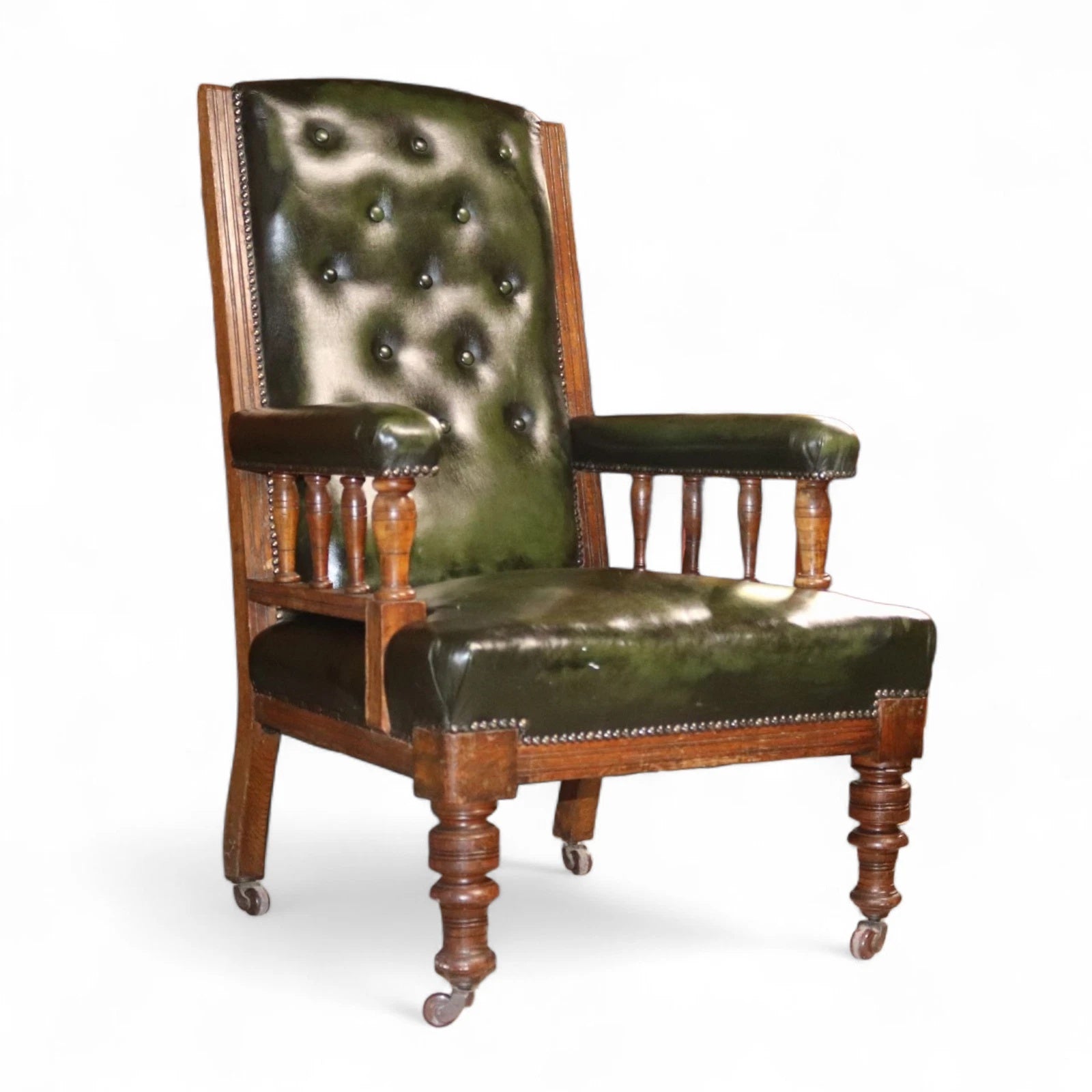 Antique Green Leather Buttoned Library Chair / Edwardian Oak Armchair