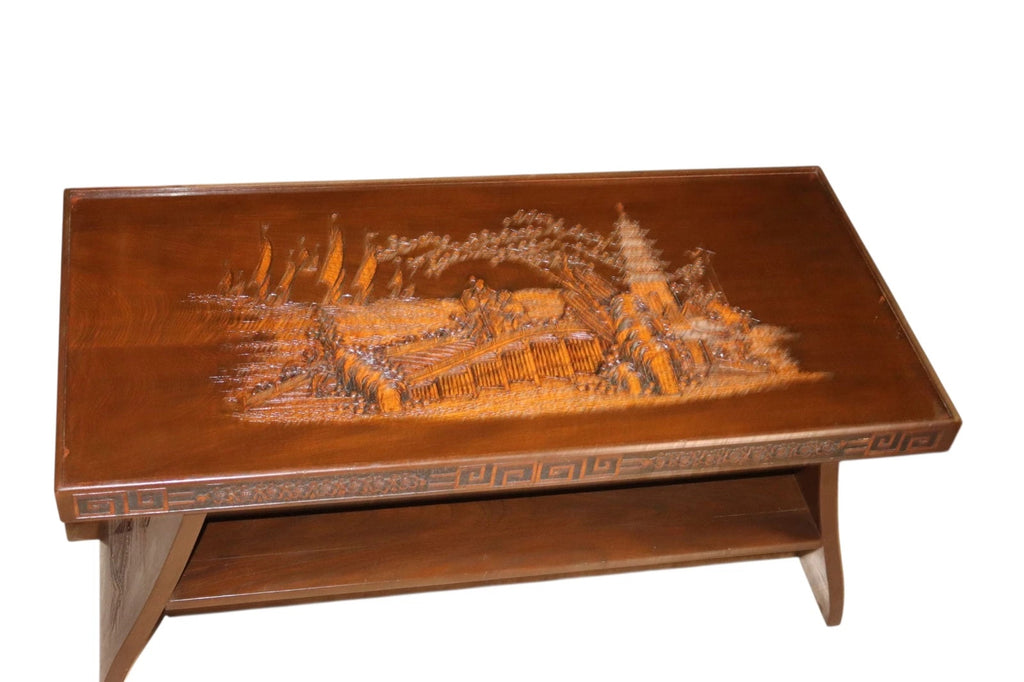 Vintage Chinoiserie Chinese Carved Wood Coffee Table - Glass Top