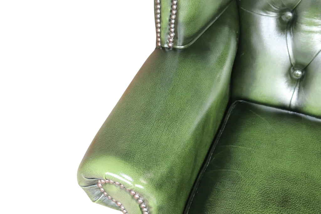 Vintage Green Leather Chesterfield Wing Back Armchair
