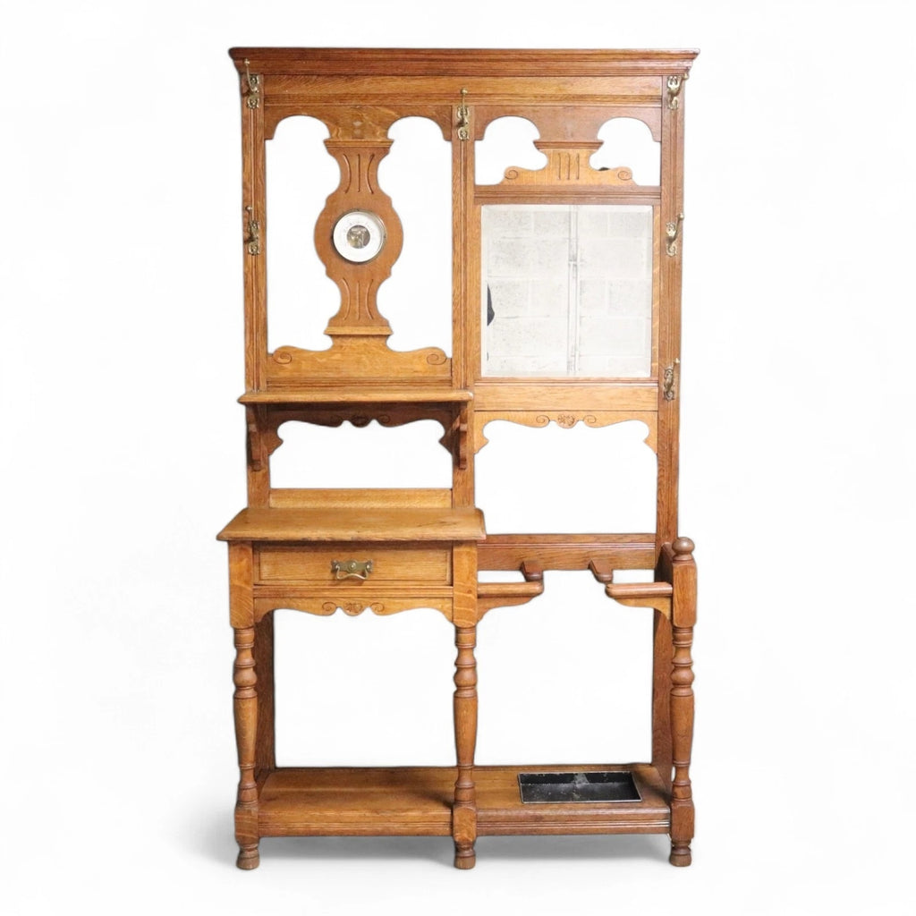 Antique Edwardian Oak Hall Stand Barometer & Mirror - Arts & Crafts Style c.1905